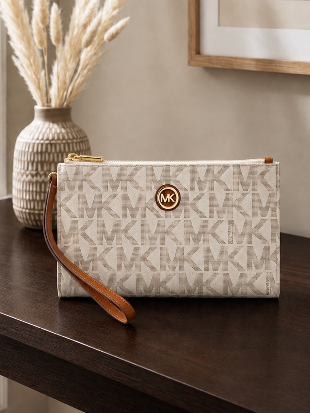 Michael Kors Fulton Large Zip Clutch Wristlet Vanilla Signature